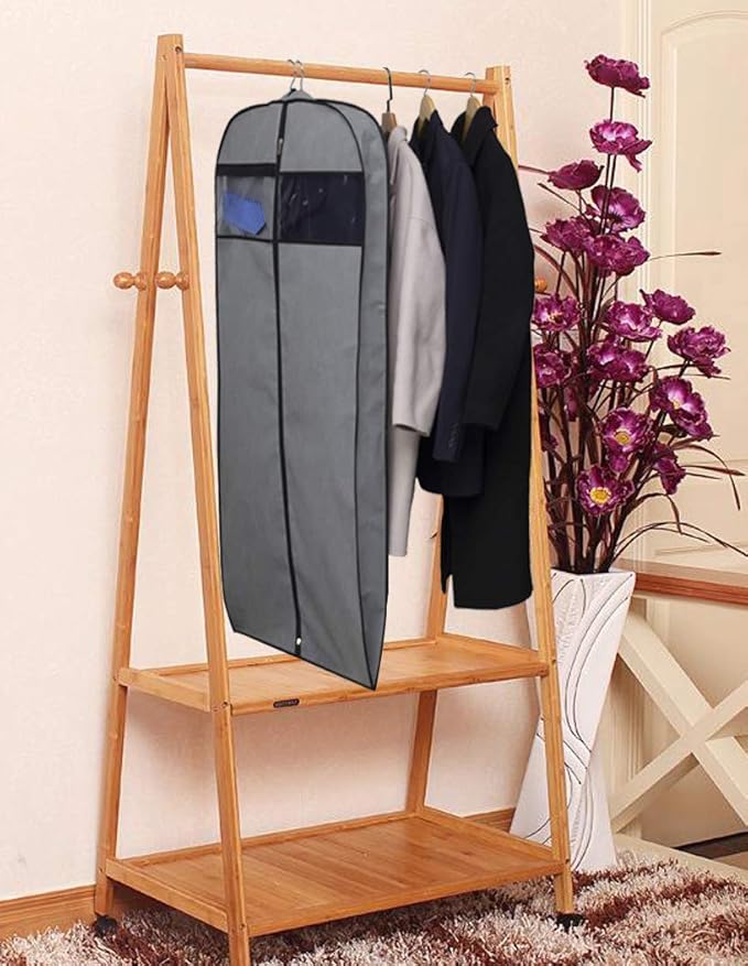 MISSLO 50" Gusseted Travel Garment Bag with Clear Zipper Pouch Breathable Dress Storage Garment Cover for Hanging Full Length Coat, Long Jacket, Suit with Tails, Grey