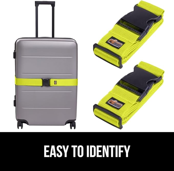 GORILLA GRIP Heavy Duty 4 Pack Adjustable Luggage Straps for Suitcases, Easy to Identify Travel Belt Connector Holds Suitcase Together, Extends Life of Bag, Strap Connects Two Bags, Accessories Yellow