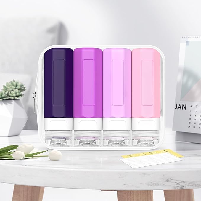 Redfly Travel Bottles for Toiletries, Tsa Approved 3oz Travel Size Containers, Leak Proof Travel Size Toiletries Bottles Silicone, BPA Free Refillable Essentials for Shampoo Conditioners, Purple