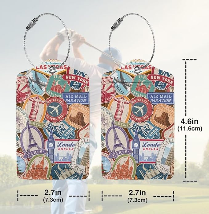 Travel Stamp 2 Pack Luggage Tags Travel PU Cute Leather Luggage Tag Name ID Labels with Privacy Cover Suitcases Women Men Girls Boys Fun Laggage Tags
