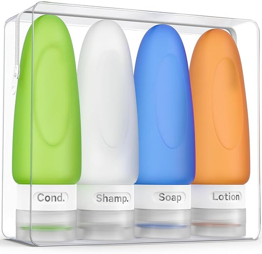 Dot&Dot Leak Proof Travel Bottles - Tubes for Liquid TSA Approved 3oz Silicone Toiletries Travel Shampoo & Conditioner Containers with Labels