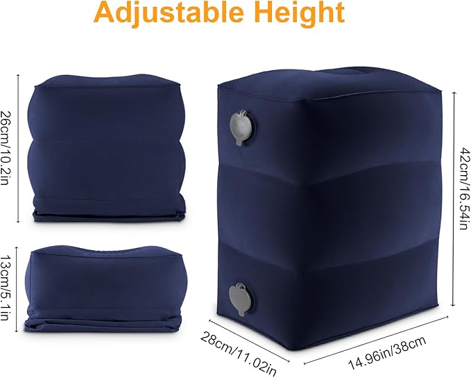 Inflatable Travel Foot Rest Pillow, Kids Airplane Bed, Adjustable Height Leg Pillow for Air Travel, Make a Flat Bed for Toddlers, Great for Airplane, Train, Car,Small Size（Blue, 1 Pack）