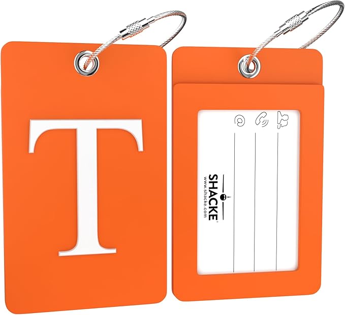 Shacke Luggage Tag Initial – Fully Bendable Tag w/Stainless Steel Loop (Orange) (Letter T)