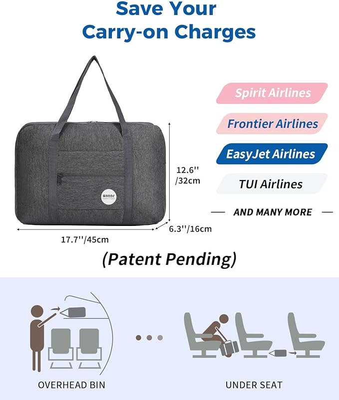 WANDF For Spirit Airlines Personal Item Bag 18x14x8 Travel Duffel Bag Underseat Foldable Carry-on Luggage for Women