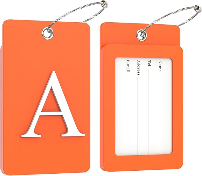 Gostwo 2 Pack Luggage Tags for Suitcases, 26 Initial Letter Travel Luggage Baggage Identification Labels ID Tag Fully Bendable Tags with Stainless Steel Loop (Orange) (Letter A)