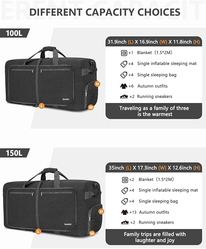 Gonex 40L 60L 80L 100L 150L Large Foldable Travel Duffle Bag with Shoes Compartment, Packable Lightweight Water Repellent Duffel Bag for Camping Gym Weekender Bag