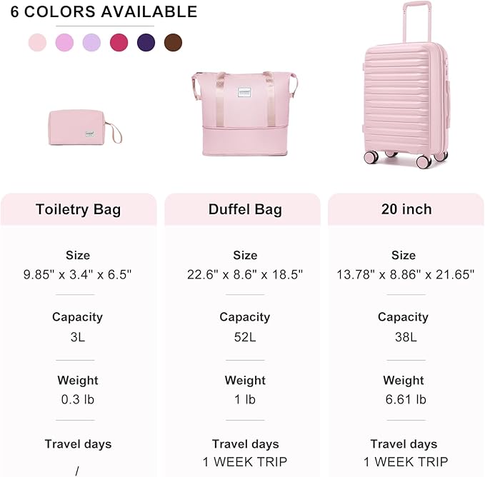 LARVENDER Luggage Sets 3 Piece, Expandable Hardside PP Carry On Luggage Suitcase with 360° Spinner Wheels TSA Lock Suitcase Set for Women Men, Light Pink
