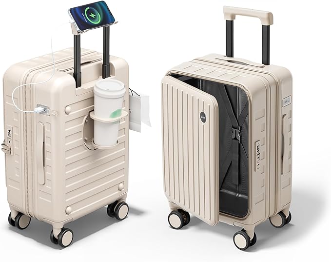Expandable Lightweight PC Hard Shell Suitcase, 24-inch Luggage with TSA Lock, Top Opening & Cup Holder - Ideal for Business Travel Suitcase (Beige, Checked-Medium 24-Inch)