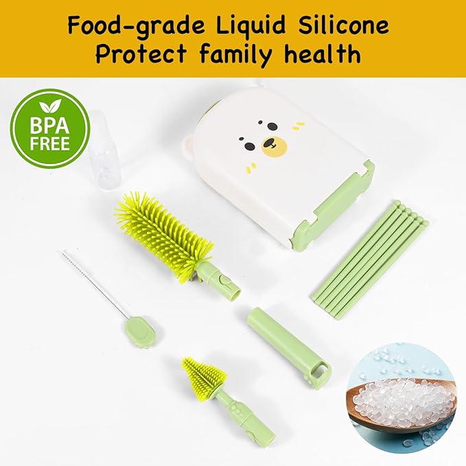 Travel Baby Bottle Cleaner Kit，7-in-1 Baby Bottle Brush Set for Travel and Home, All-in-One Baby Bottle Washing Kit: Integrated Cleaning & Drying System for Bottles and Breast Pump Parts (Green)