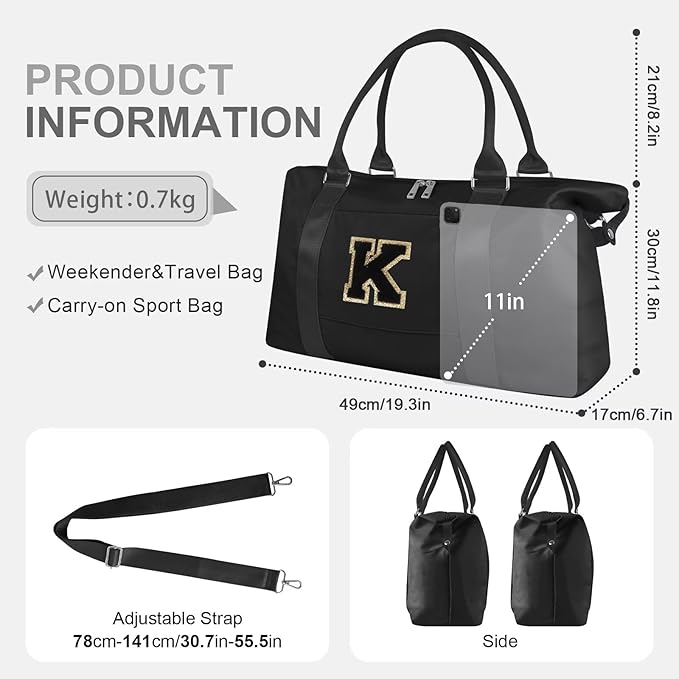 Dance Gym Duffel Bag for Teen Girls, Personalized Initial Travel Weekender Bag,Cute Overnight Carry On Duffle for Women,Sports Travel Cheer Bag,Monogram Christmas Gifts for Tween Preppy(black-K)