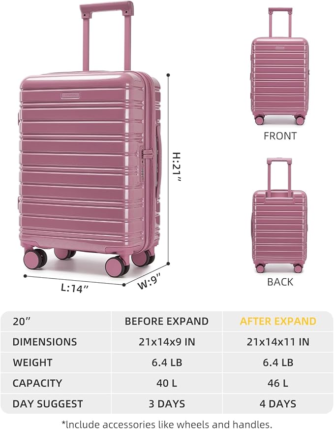 LARVENDER Carry On Luggage 22x14x9 Airline Approved, 20 Inch Expandable PC+ABS Hardside Suitcase Carry On Luggage with Spinner Wheels TSA Lock for Women Men (Silk Rose)