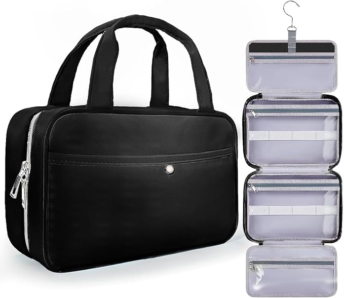 Travel Hanging Toiletry Bag for Women - Waterproof Cosmetic Organizer with Clear Window, Lightweight Bathroom Bags for Essentials, Makeup, Shampoo, Toiletries Black, Medium