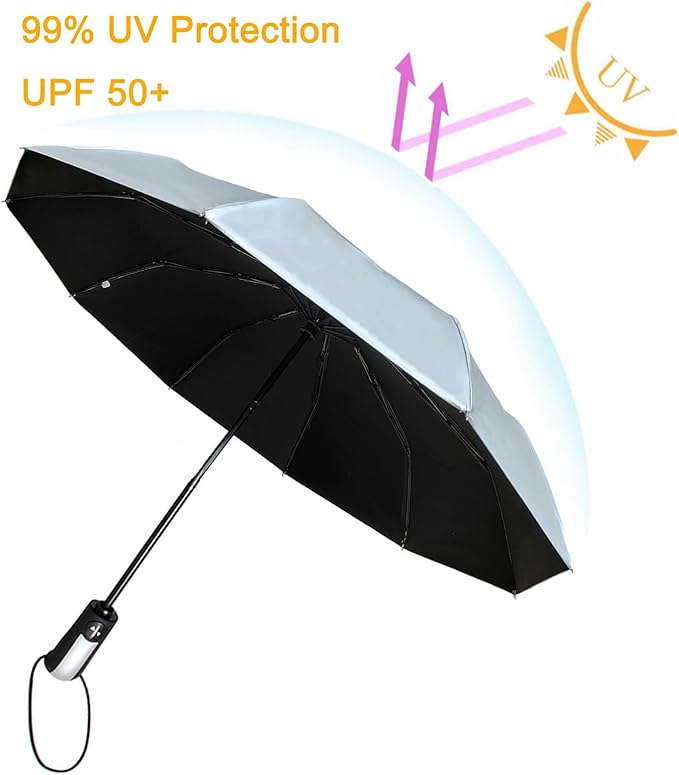 TradMall Travel Umbrella Windproof with 46 Inches Large Canopy 10 Reinforced Fiberglass Ribs Ergonomic Handle Auto Open & Close, Silver/Black
