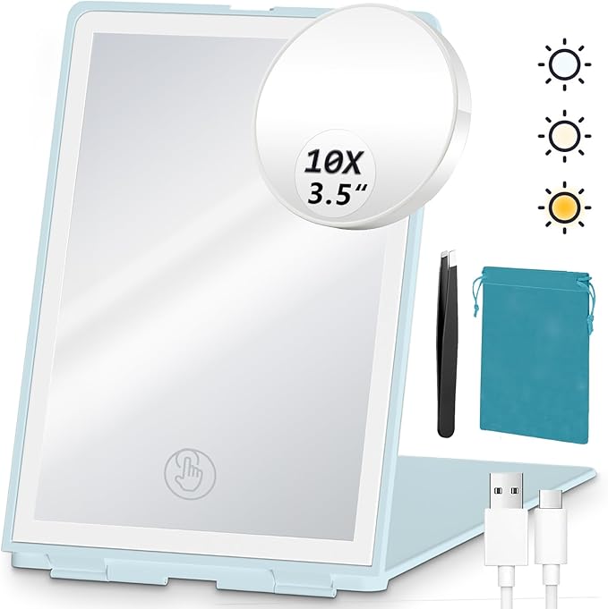 Travel Makeup Mirror with Lights Valentines Day Gifts for Her, Girlfriend, Wife, Birthday Gifts Rechargeable Portable Folding Compact LED Mirror Set with Tweezer 3 Color Light Modes-Cyan