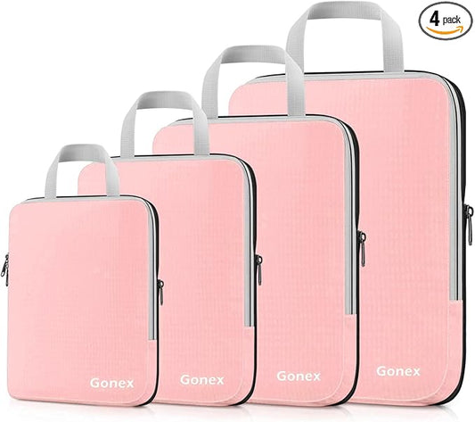 Gonex Compression Packing Cubes, 4pcs Expandable Storage Travel Luggage Bags Organizers (Pink)