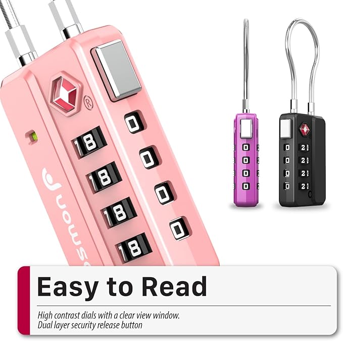 Fosmon Luggage Locks TSA Approved for Luggage & Suitcase, 4 Digit Mini Cable Locks Long Wire Padlock with 4 Combinations and Easy Reset Switch for Travel, Gym Locker, Gun Case, Backpack Zipper- 4 Pack