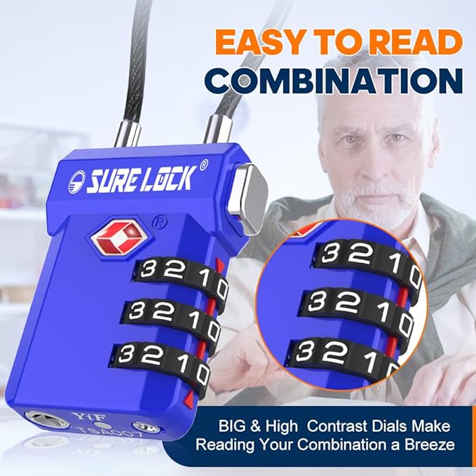 SURE LOCK TSA Approved Luggage Locks – 3-Digit Combination Cable Lock with Red Indicator, Large Dial & Easy-Press Button for Suitcases and Backpacks – Multi-Pack & Color Options