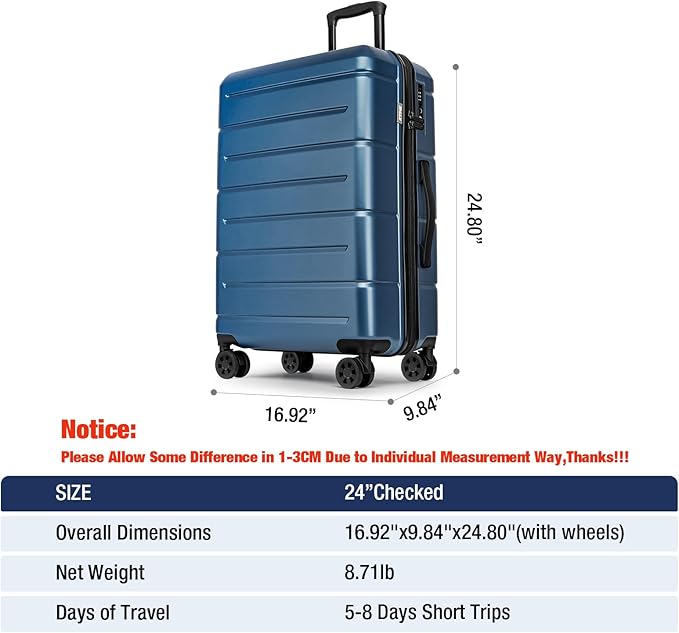 KYME 24 Inch Luggage TSA Approved Hardshell Suitcases with Spinner Wheels Durable PC+ABS Medium Checked Travel Luggage for Women Men Blue