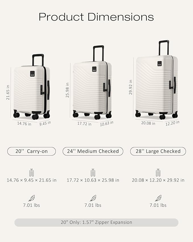 Coolife Luggage Suitcases Hardside Lightweight: Durable PC Expandable Travel 3 Piece Set with Dual Spinner Wheels & TSA Lock, 20/24/28 (20" Expandable) (White, 3-Piece Set (20/24/28))