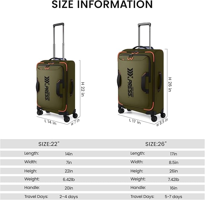 2-Piece Set（22in/26in） Front Opening,Softside Luggage Sets w/Double Spinner Wheels Suitcase,Waterproof,Lightweight Travel Luggage Rolling Suitcase（Green,22in/26in）
