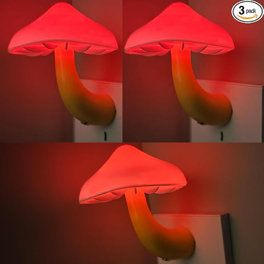 3 Pack LED Mushroom Night Light Plug in Lamp, Light Sensor Night Lights for Adults Kids Room Bedroom Bathroom Hallway Kitchen (3, Red)