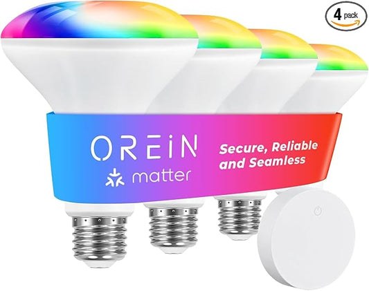 OREiN Matter BR30 Smart Light Bulbs, RGBTW Flood Light Bulb, 4 Pack+Remote | Work with Alexa, Apple Home, Google Home, SmartThings, 650LM 60W, Music Sync, Recessed Color Changing & White Led Light Bulbs