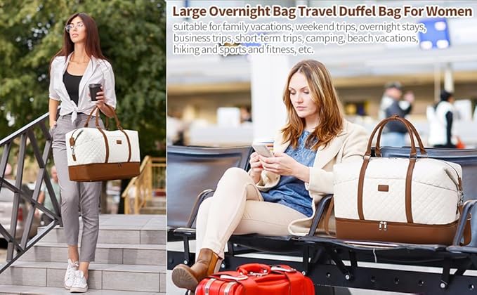 Weekender Bag, Large Travel Duffel Bag for Women, Carry on Overnight Bag with Shoe Compartment and Toiletry Bags