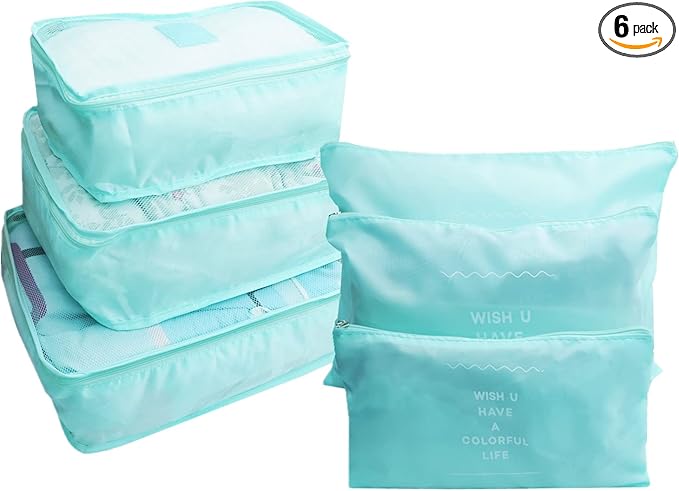 6 PCS Travel Luggage Organizer Bags, Packing Cubes Compression, Travel Storage Bags Organizers, Travel Cubes Laundry Pouches for Backpack Suitcases Clothes Underwear (Light Blue)