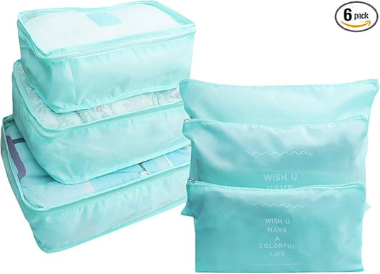 6 PCS Travel Luggage Organizer Bags, Packing Cubes Compression, Travel Storage Bags Organizers, Travel Cubes Laundry Pouches for Backpack Suitcases Clothes Underwear (Light Blue)