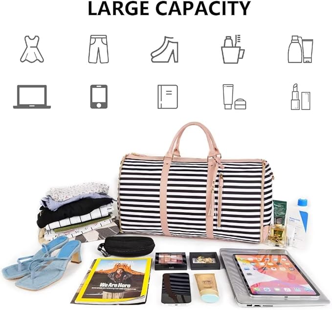Ytonet Carry On Garment Bag, Large Hanging Duffle Bag for Women, PU Leather Waterproof Bags Travel with Shoe Pouch - 2 in 1 Suitcase Suit Bags, Black and White Stripe