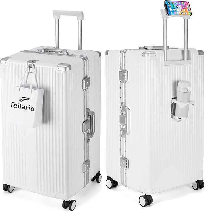 feilario 26in Super Large Captain Aluminum Frame Hardside Spinner Wheels Luggage, Zipperless Checked Suitcase with Cup Holder/Phone Holder (Ivory White,26in)