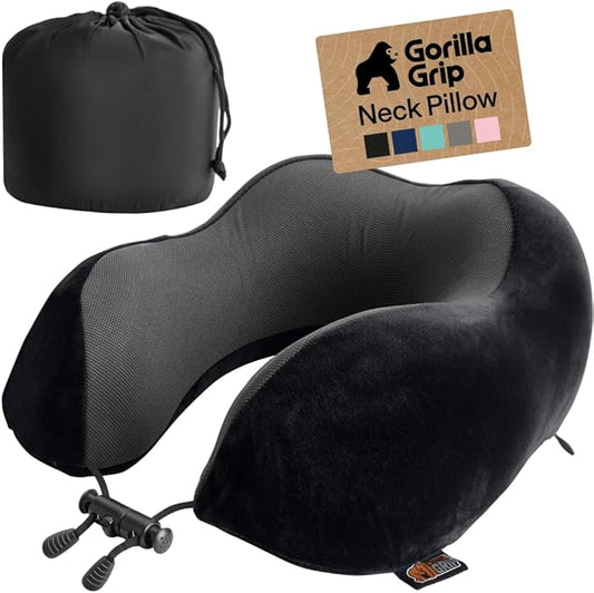 GORILLA GRIP Travel Neck Pillow for Airplanes, CertiPUR-US® Memory Foam Cooling Mesh Pillows, Soft Velvet Washable Cover, Support Headrest for Sleeping, Traveling Essentials Flight Accessories, Black