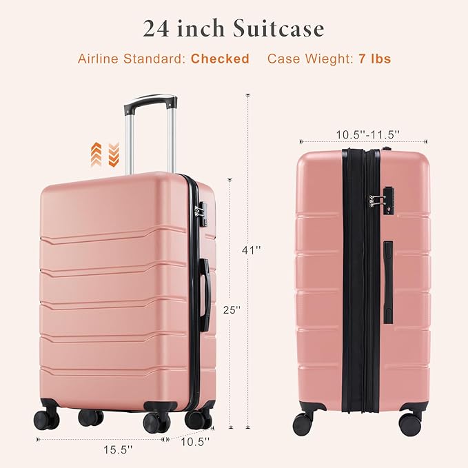 Sweetcrispy 25IN Carry on Luggage, Expandable Hard Shell ABS Suitcase with 360° Swivel Wheels, TSA Lock, Lightweight, Pale Pink