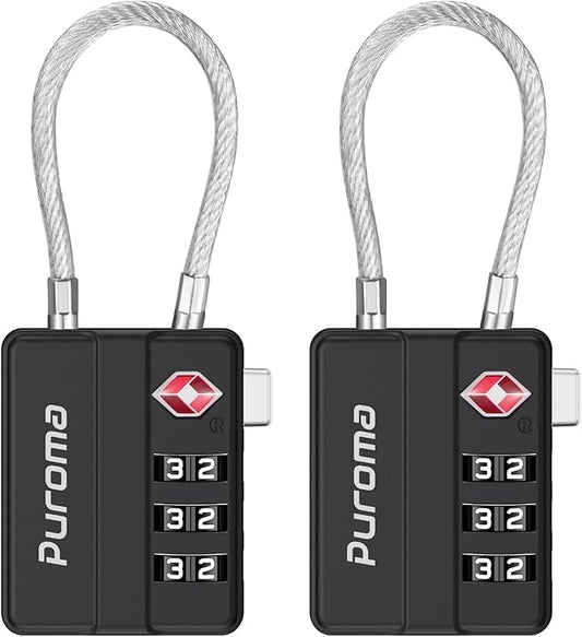 Puroma TSA Locks for Luggage, 2 Pack Cable Lightweight Luggage Locks TSA Approved 4-Digit Combination Padlock for Suitcases, Bags, Toolboxes, Backpacks & Gym Lockers (Black)