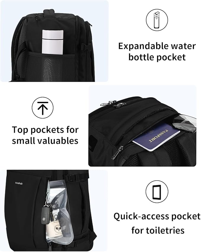 ECOHUB 17'' Small Travel Backpack, United Airlines Personal Item Bag 16.7"x10"x8" with 13 Pockets Carry on Backpack with USB Port Luggage Sleeve Travel Essentials for Men Women Water Resistant, Black