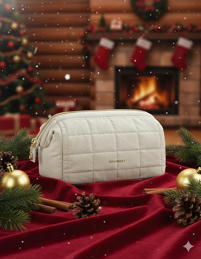 BAGSMART Makeup Bag Cosmetic Bag Wide Open, Beige, M, Wide-open Travel Makeup Bag With Puffy Padded and Rectangular Quilted