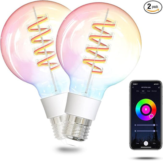 MOES Smart G80 Edison LED Light Bulbs, Color Changing WiFi G25 Smart Bulbs, 2700K-6500K CW& RGB Dimmable, Smart Life Remote Control, Work with Alexa/Google Home, 470lm 5W (40W Equivalent) 2 Pack