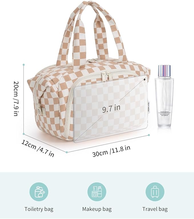 Narwey Travel Toiletry Bag for Women, Checkered Large Makeup Bag, Wide Open Cosmetic Make Up Organizer, Wet Pocket for Towel, Travel Bag for Toiletries, Brushes, Essentials (Light Brown Checker)