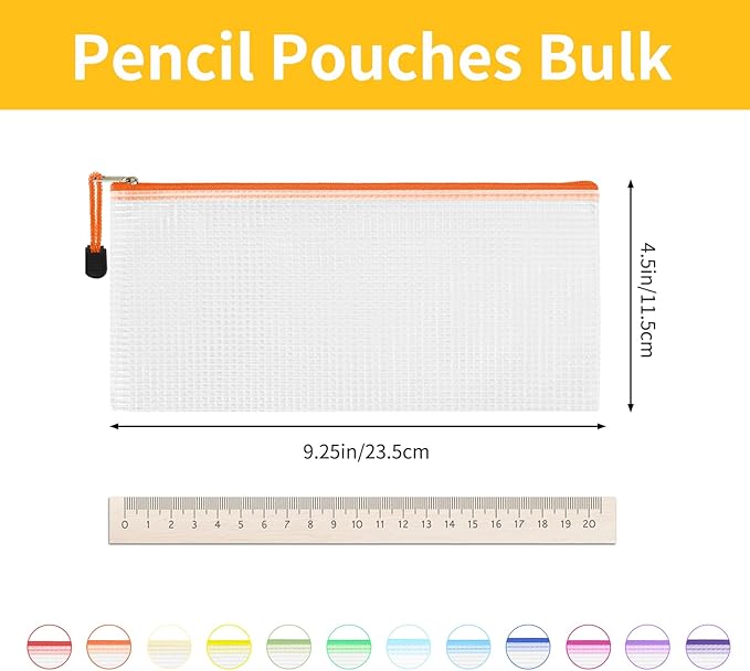 EOOUT Mesh Zipper Pouch 24pcs 9.5x4.5 Inches Small Organizing Bags in 12 Colors for Travel Storage and Office Supplies Storage