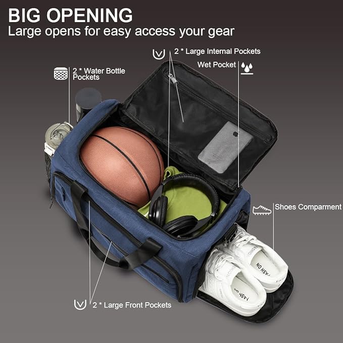 Gym Bag for Men Women, Sports Duffle Bags with Wet Pocket & Shoes Compartment, Water Resistant Overnight Duffel Bag