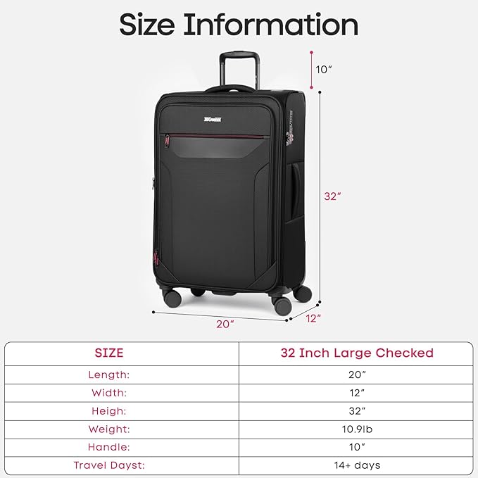 Softside Suitcases with Wheels 32 Inch Luggage,Expandable 20% Luggage w/Spinner Wheels and TSA LOCK,Large Checked Suitcase for Men/Women（Black,32in）