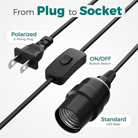 DiCUNO Pendant Light Cord, for Hanging Paper Lantern, 6.6 Ft, Black, 1-Pack | Hanging Lantern Extension Cord Cable, E26 Pendant Light Socket with On/Off Switch Control, Switch Close to Polarized Plug