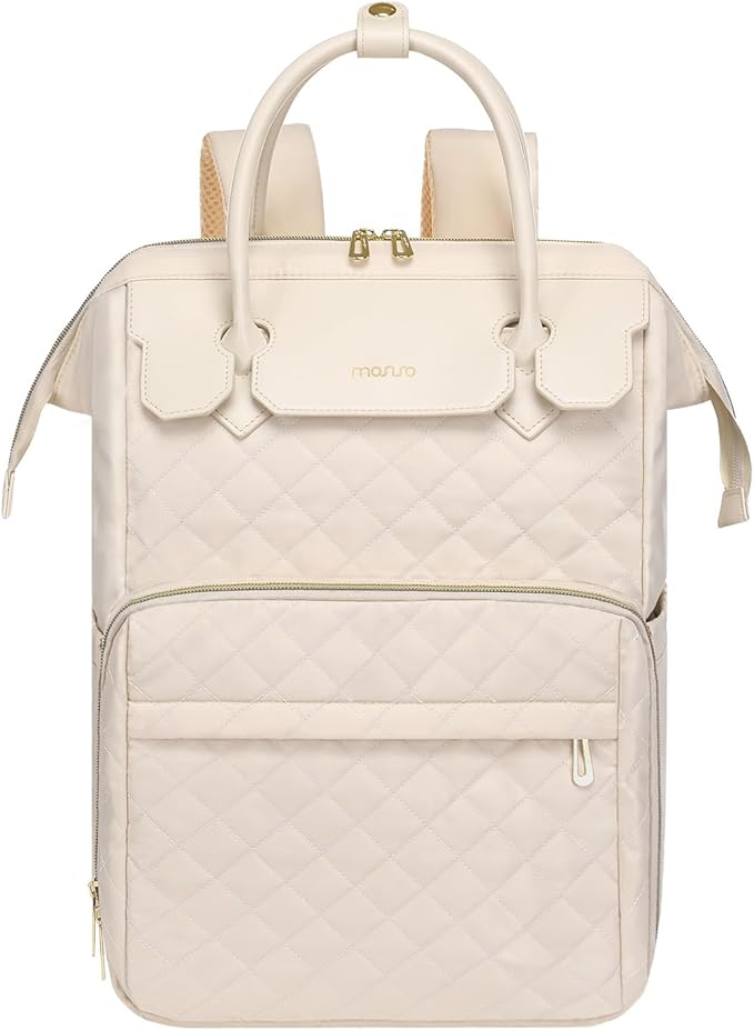 MOSISO Laptop Backpack for Women Men, 15-15.6 inch Rhombus Quilted Flight Approved Travel Backpack with PU Handle, 16 inch Carry on Daypack with USB Port for College Work Business, Beige