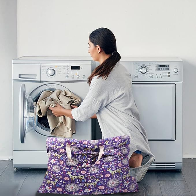 Sanlykate Extra Large Laundry Bag with Drawstring Closure and Handle, 28 x 40 Inch Heavy Duty Travel Dirty Clothes Bag for Laundromat and Household, Purple Deer