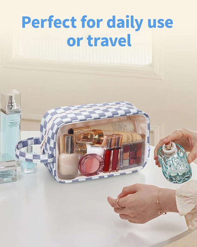 Narwey Clear Toiletry Bags for Traveling Women Men, Clear Travel Bags for Toiletries Makeup Bag Cosmetic Bag with Zipper, Make Up Organizer, Skincare Bag (Grayish Blue Checkerboard)