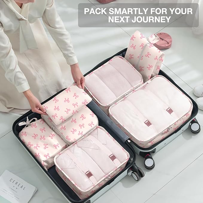 8 Set Packing Cubes for Suitcases,Suitcase Organizer with Shoe,Cosmetics,Clothing, and Accessories Bags for Travel Luggage Organizer Women Men(Pink Bows)