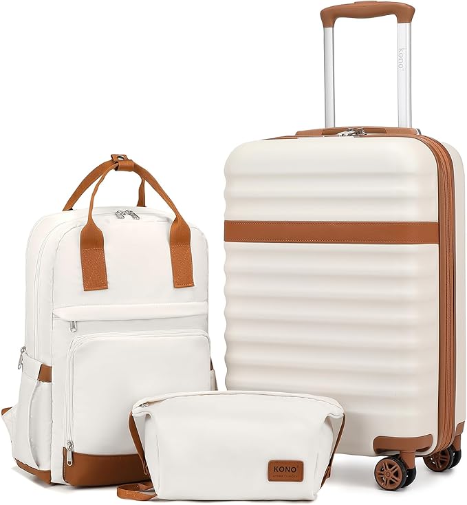 Kono Airline Approved Suitcase Set 3 Piece Luggage Set Lightweight Carry On Travel Luggage, TSA Lock Spinner Wheels Hardshell (Cream/Brown, 3 piece set (BP/TB/20))