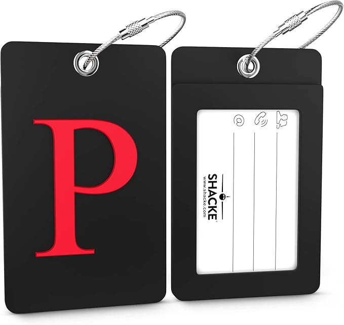 Shacke Luggage Tag Initial - Fully Bendable Tag w/Stainless Steel Loop - Black (Letter P)
