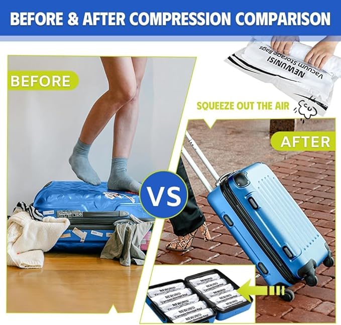 12 Pack Vacuum Storage Bags, Compression Bags for Travel, Roll Up Reusable Travel Space Saver for Luggage, Camping, and Storage (No Vacuum or Pump Needed).