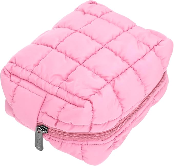 E-Tree Cute Makeup Bag,Quilted Cosmetic Bag for Women,Make up Pouch for Purse,Toiletry Zipper Pouch,Checkered Bag,Travel Case,Storage Pouches for Organization (Pink)